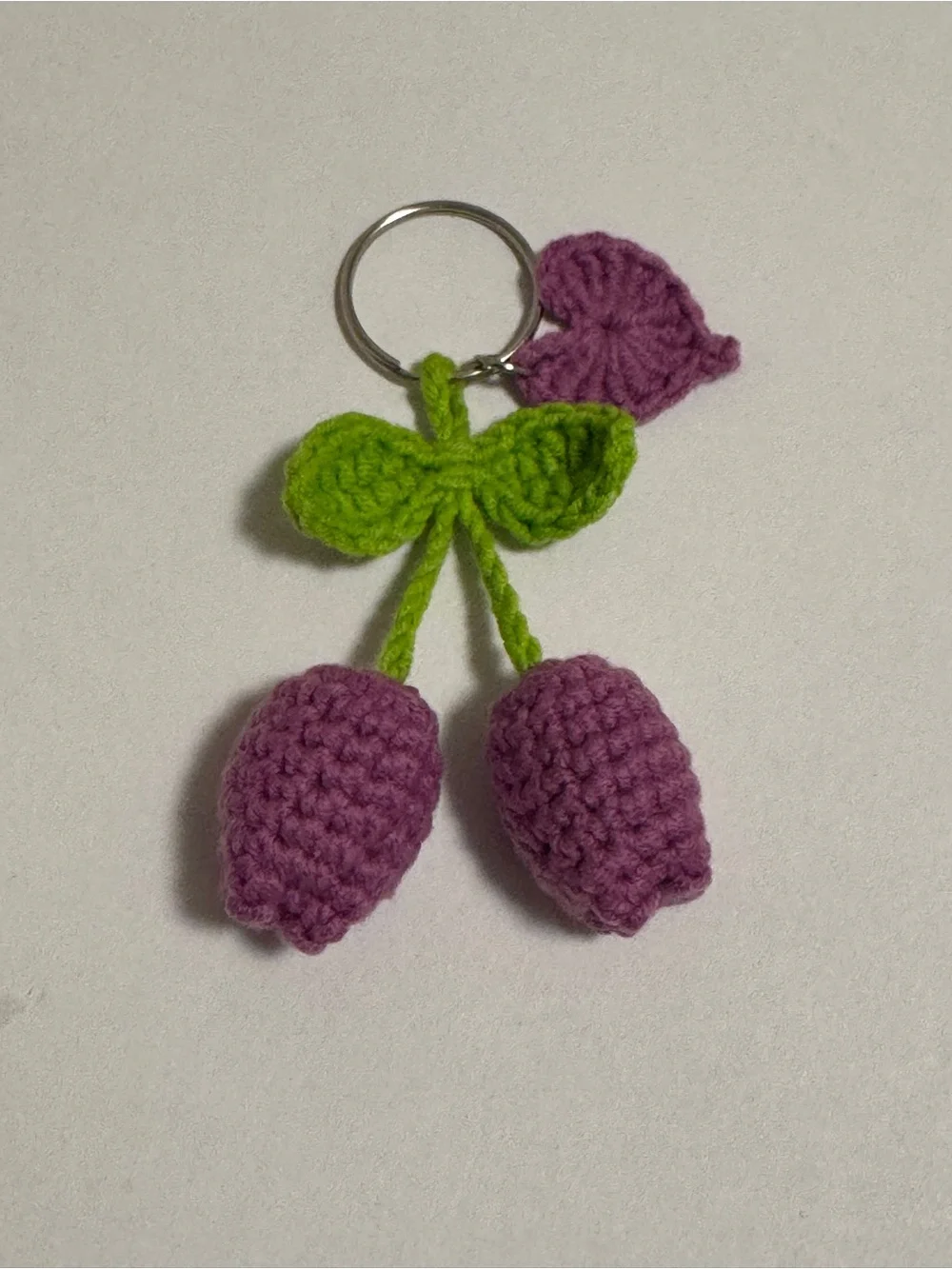 Handmade Crochet Cherry Keychain in Purple and Lime Green